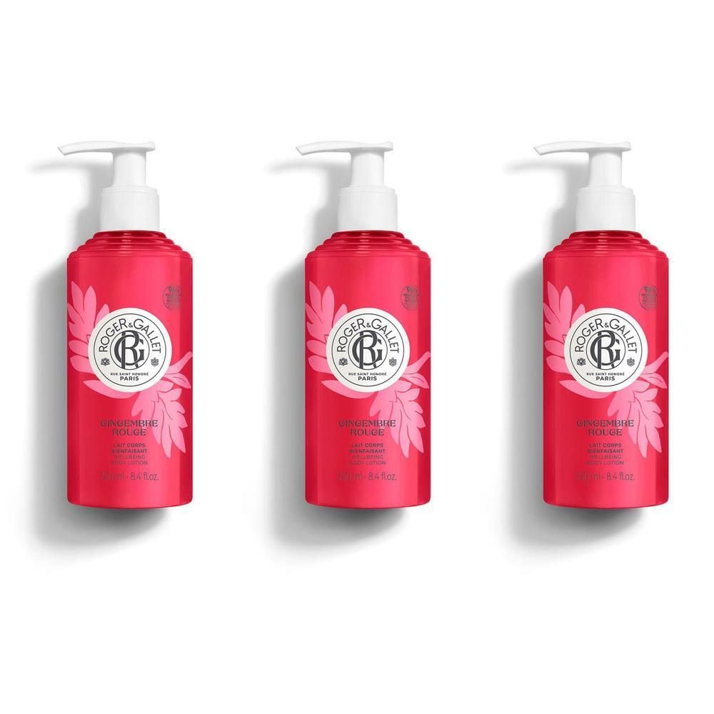 Drie rode flessen met witte pomp. Op elke fles staat het logo van Roger & Gallet.