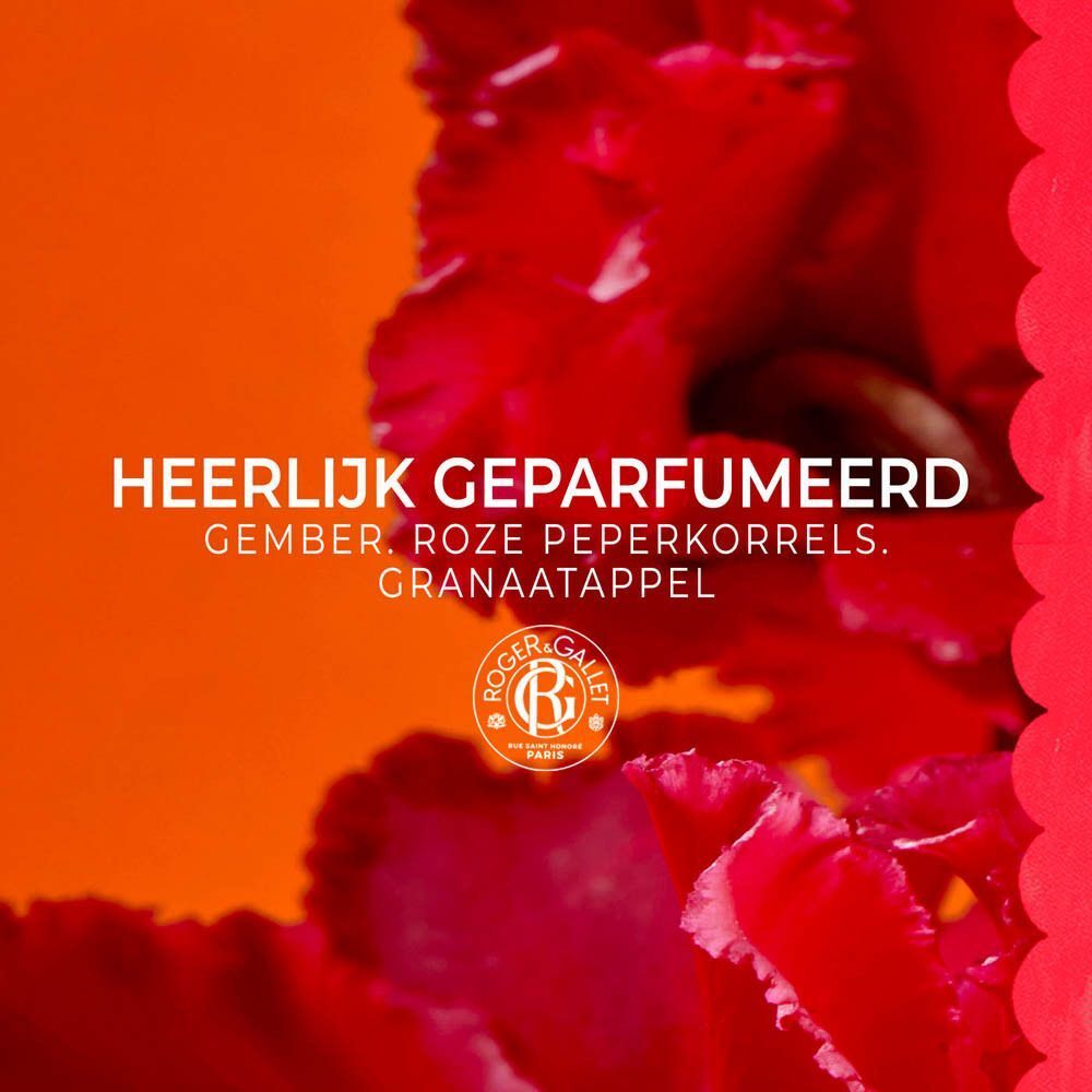 Tekst: Heerlijk Geparfumeerd, Gember, Roze Peperkorrels, Granaatappel. Logo Roger & Gallet.