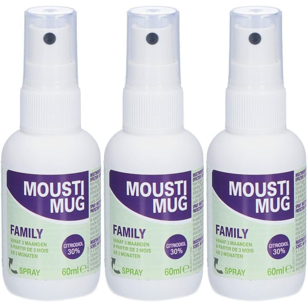 Trois flacons spray blancs avec étiquette violette. Inscription: MOUSTIMUG FAMILY, Citriodiol 30%.