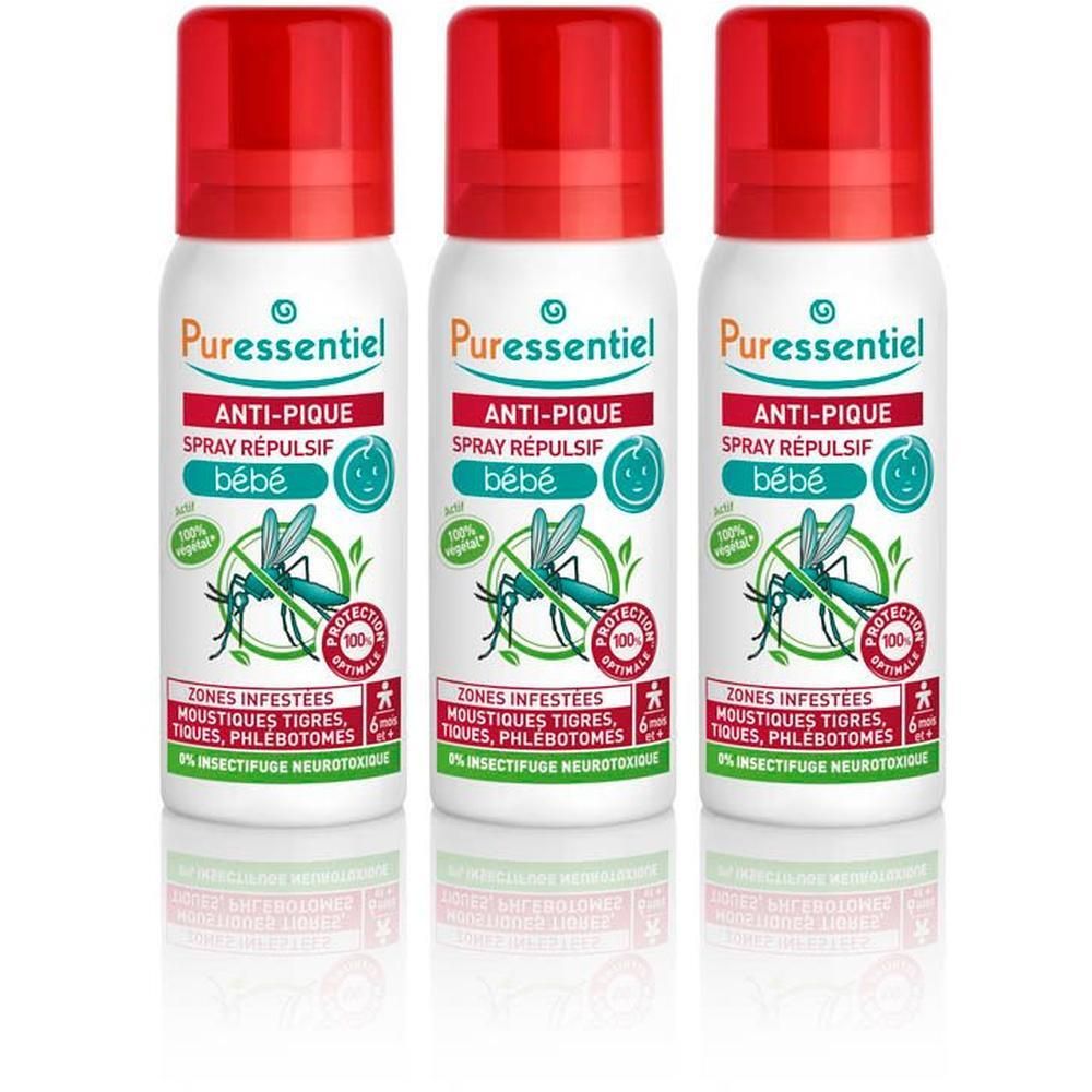 Trois sprays rouges. Inscription: Anti-Pique Spray Répulsif Bébé. Marque: Puressentiel. Symbole de protection contre les insectes.