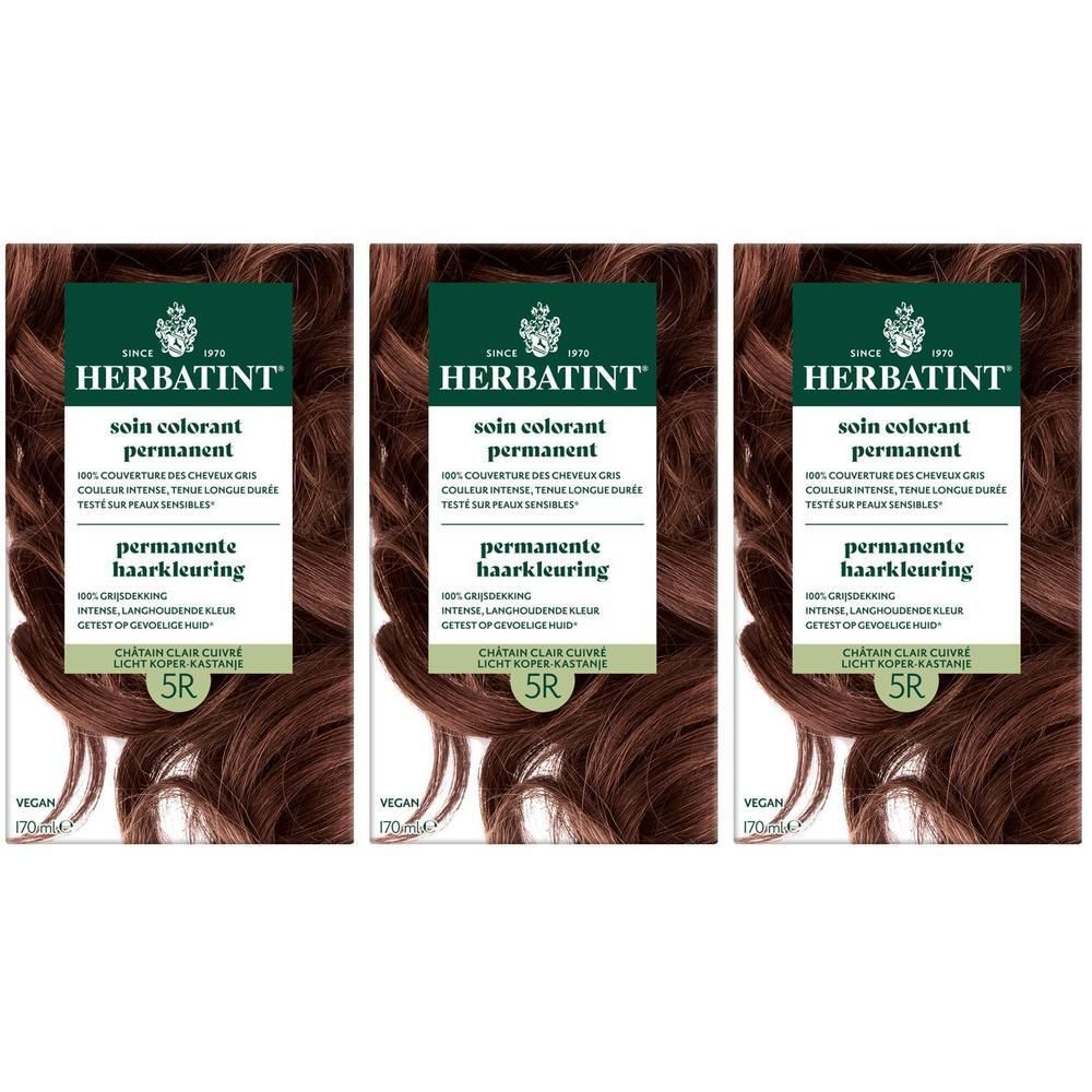 Drie dozen Herbatint 5R, permanente haarkleuring, Châtain Clair Cuivré. Groen-witte verpakking met haarstreng.