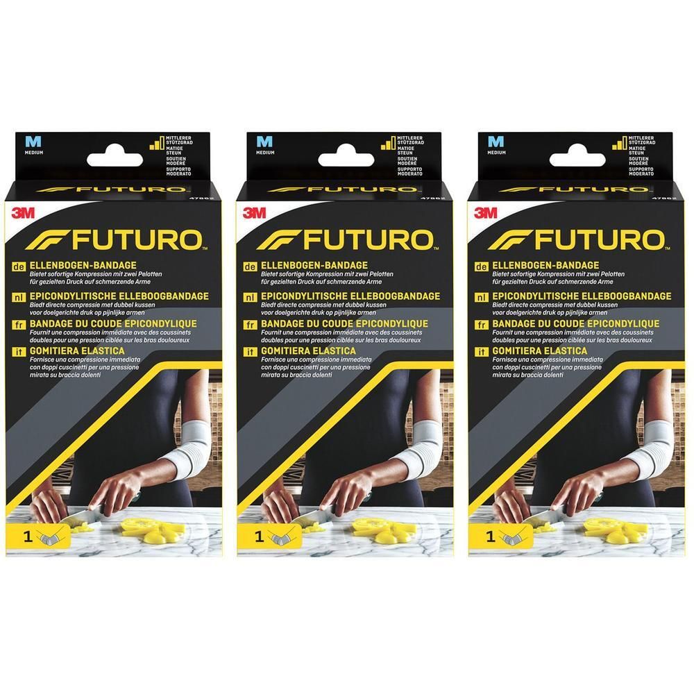 Trois boîtes de bandage FUTURO™ pour le coude. Emballage noir avec image du produit et taille M. Logo 3M.