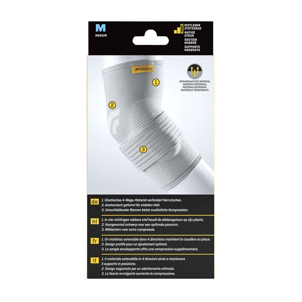 FUTURO™ elleboogbandage. Grijze bandage met gele accenten. Anatomisch gevormd. Maat M. Tekst in het Duits, Nederlands, Frans en Italiaans.