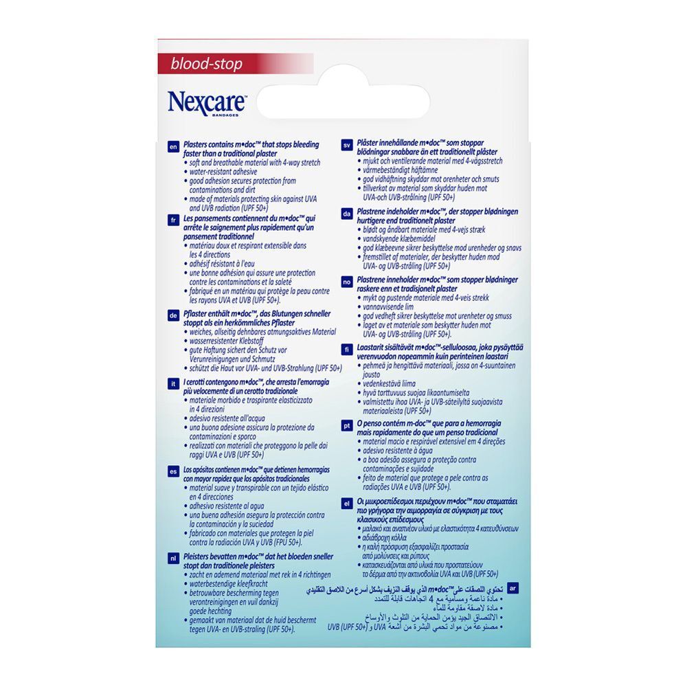 Achterkant van de verpakking Nexcare blood-stop pleisters. Tekst in meerdere talen. Bevat informatie over de pleisters.