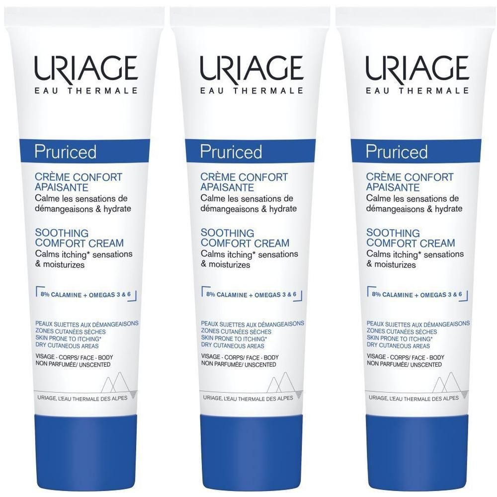 Drie tubes Uriage Pruriced Crème Confort Apaisante. Witte tubes met blauwe tekst en dop. Productnaam en merk zichtbaar.
