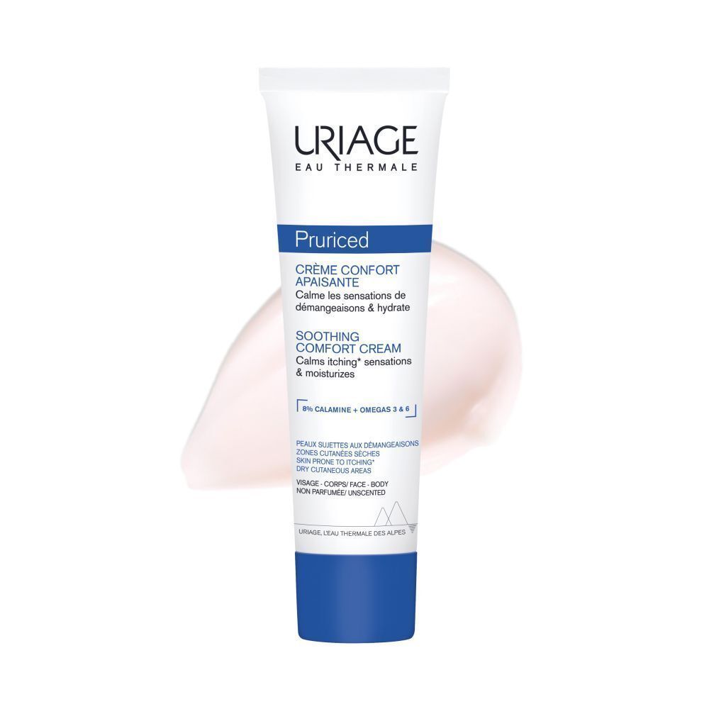 Tube Uriage Pruriced Crème Confort Apaisante. Witte tube met blauwe tekst en dop. Productnaam en merk zichtbaar. Roze crème.