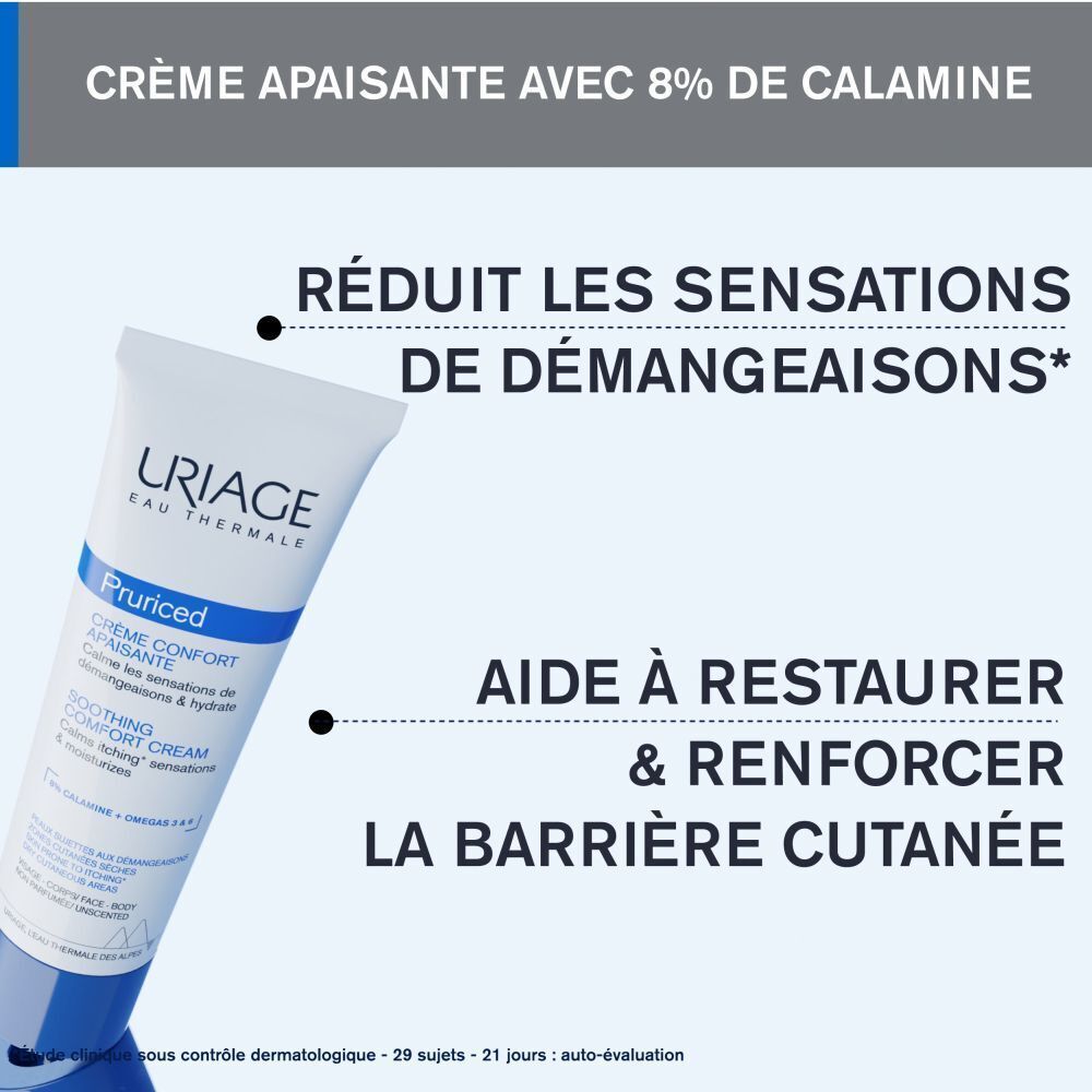 Tube Uriage Pruriced. Texte : Crème apaisante avec 8% de calamine. Réduit les démangeaisons. Aide à restaurer la barrière cutanée.