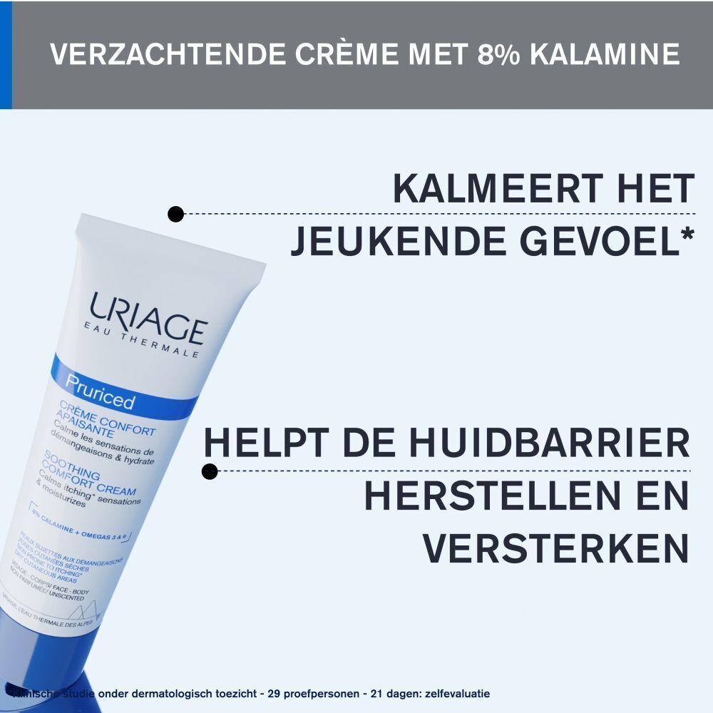 Uriage Pruriced tube. Tekst: Verzachtende crème met 8% kalamine. Kalmeert het jeukende gevoel. Helpt de huidbarrière herstellen.