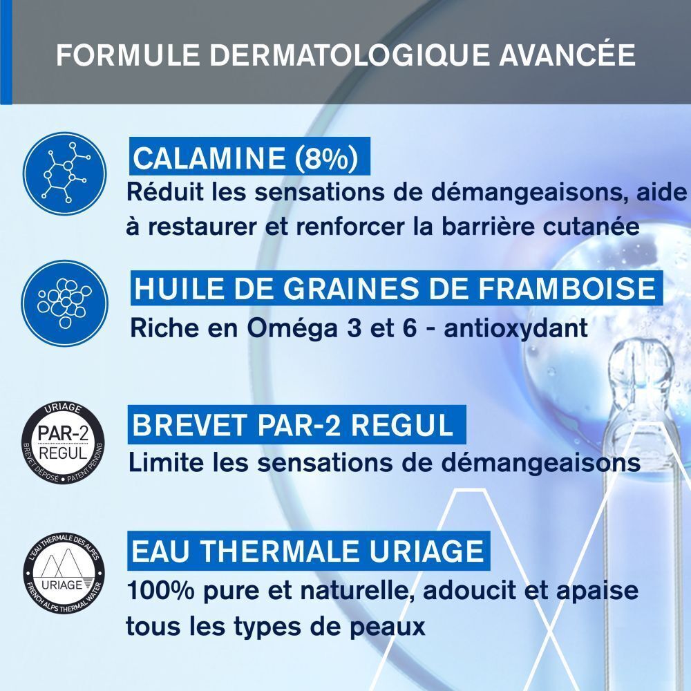 Infographie. Calamine (8%), huile de graines de framboise, brevet par-2 regul, eau thermale Uriage. Éléments bleus et blancs.
