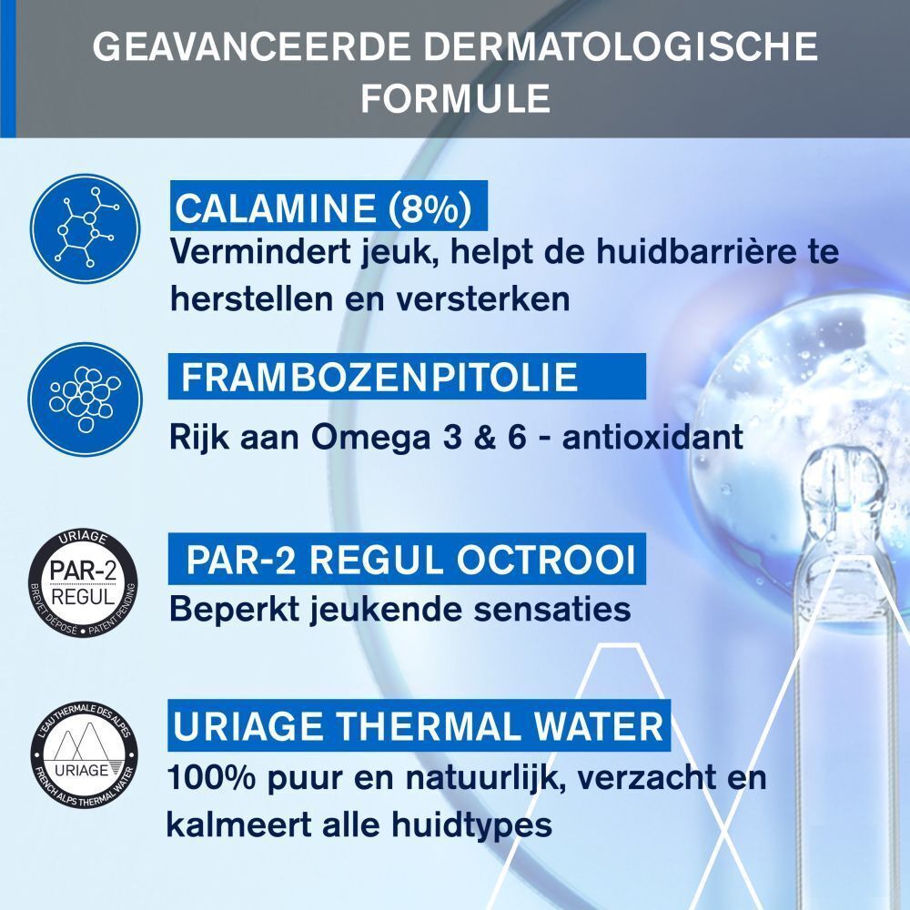 Infographic. Calamine (8%), frambozenpitolie, par-2 regul octrooi, Uriage thermal water. Blauwe en witte elementen.