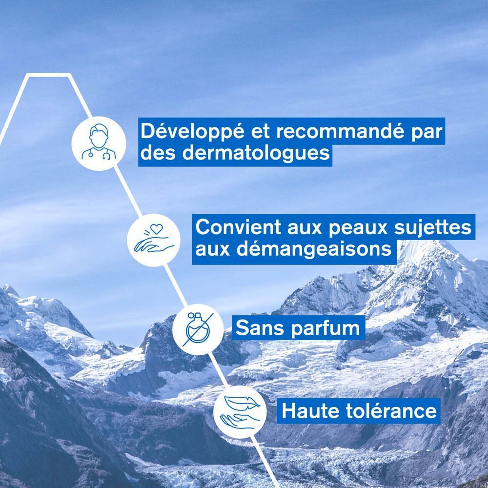 Infographie. Développé et recommandé par des dermatologues. Convient aux peaux sujettes aux démangeaisons. Sans parfum. Haute tolérance.
