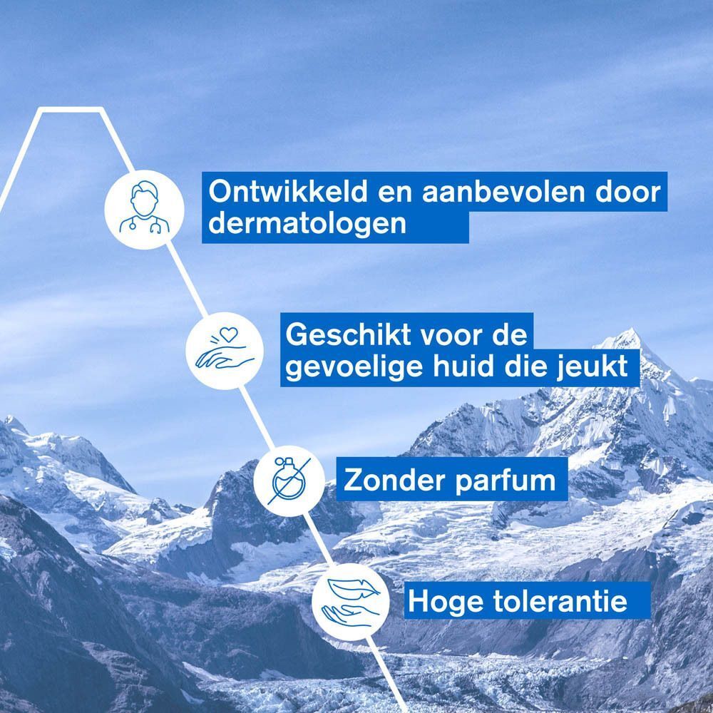 Infographic. Ontwikkeld en aanbevolen door dermatologen. Geschikt voor de jeukende huid. Zonder parfum. Hoge tolerantie. Bergen.
