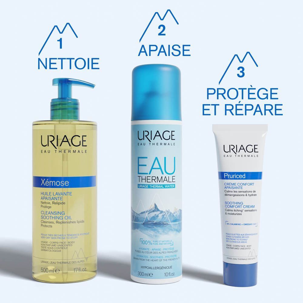Trois produits Uriage. Xémose Cleansing Soothing Oil, Eau Thermale, Pruriced Crème Confort Apaisante. Éléments bleus et jaunes.