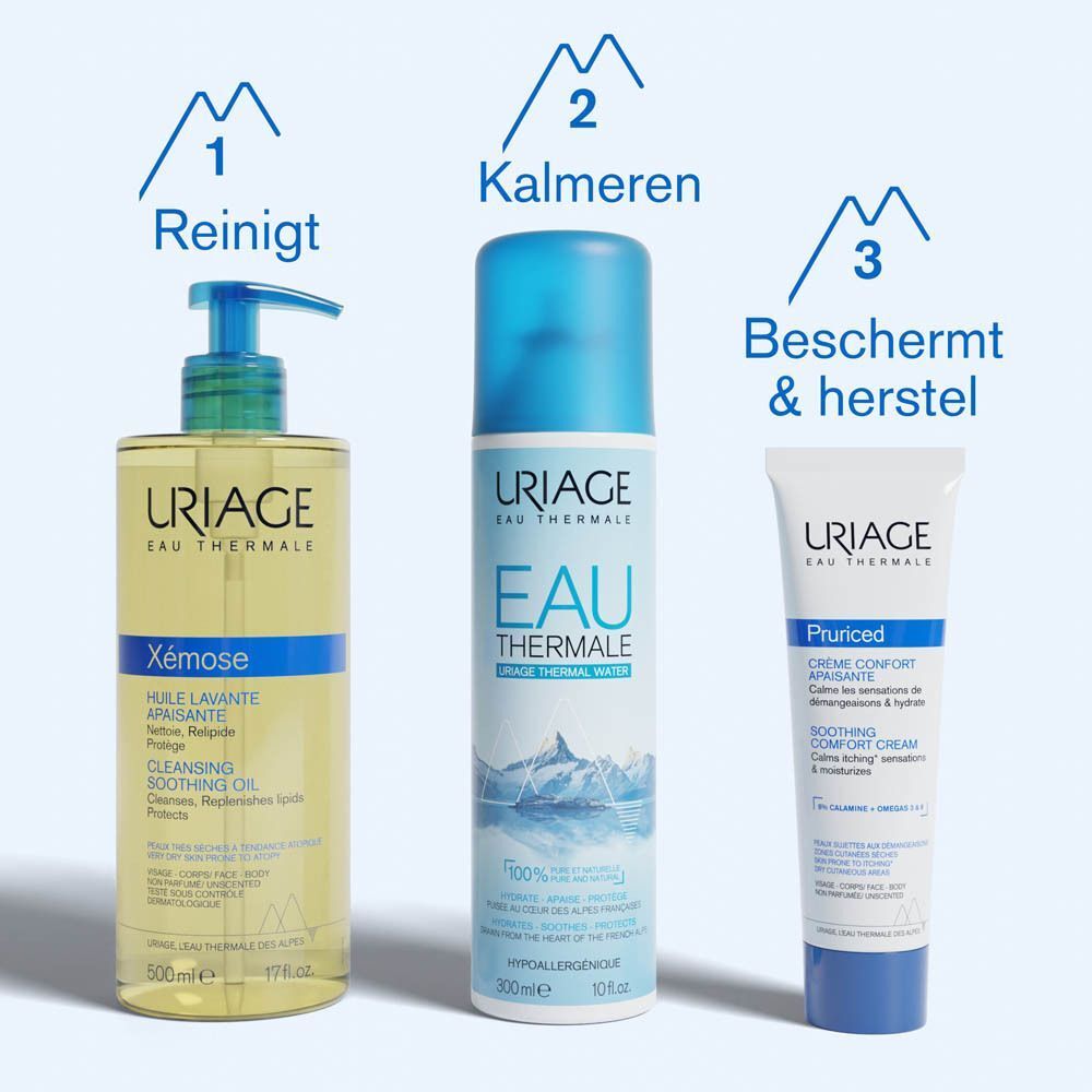 Drie Uriage producten. Reinigt, kalmeren, beschermt & herstelt. Blauwe en gele elementen.