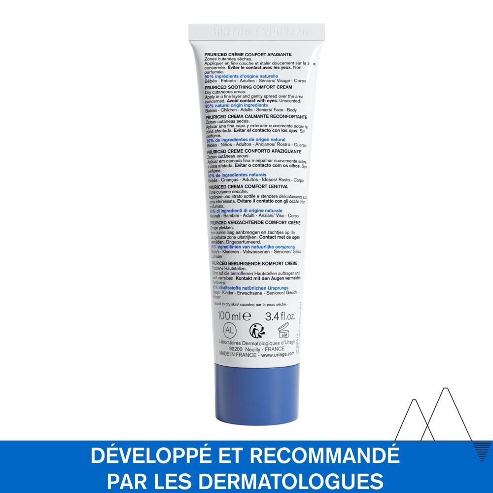 Tube Uriage Pruriced Crème Confort Apaisante. Dos. Texte : 100ml, développé et recommandé par des dermatologues. Écriture bleue.