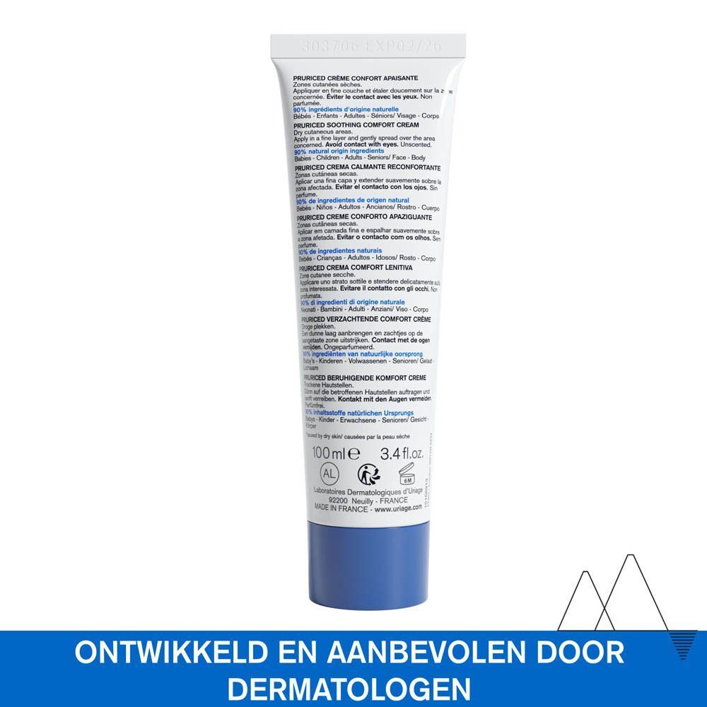 Uriage Pruriced Crème Confort Apaisante tube. Achterkant. Tekst: 100ml, ontwikkeld en aanbevolen door dermatologen. Blauwe tekst.