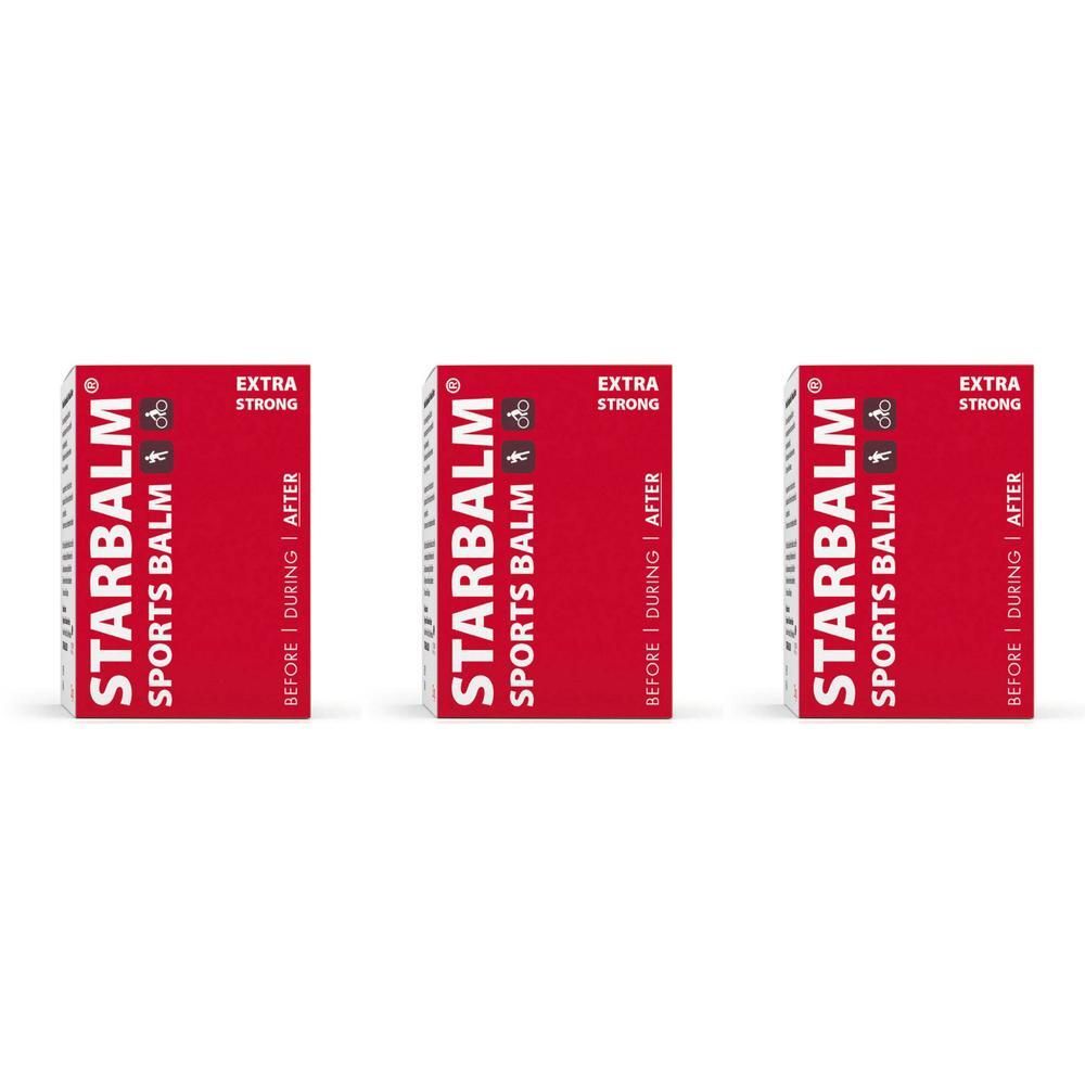 Trois boîtes rouges STARBALM SPORTS BALM. Inscription EXTRA STRONG. Texte: BEFORE | DURING | AFTER.