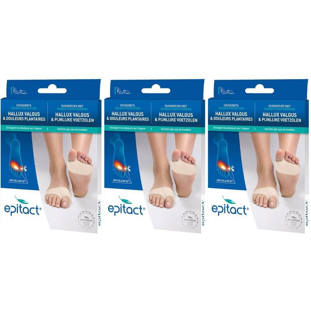 Drie verpakkingen Epitact® Hallux Valgus & Douleurs Plantaires. Elke verpakking toont een voetmodel met het product. Blauwe verpakking.