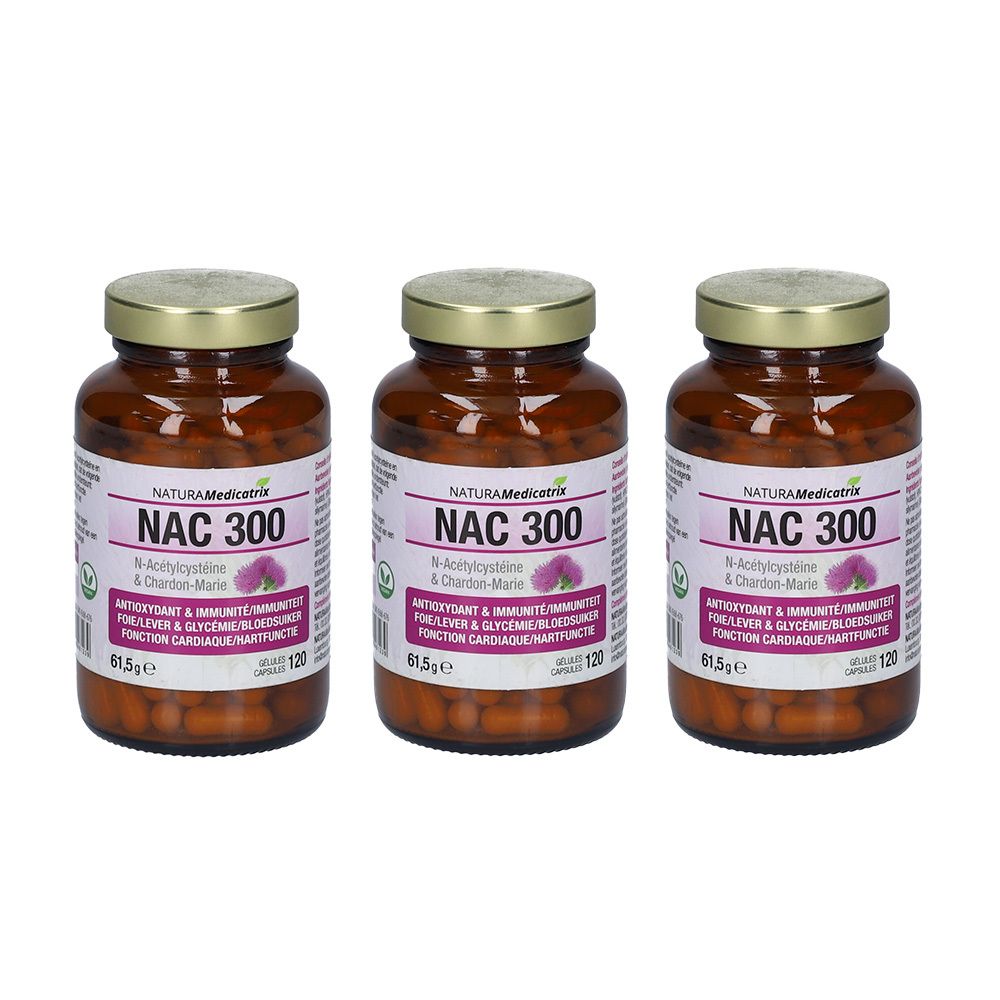 Trois flacons en verre brun avec des couvercles dorés. Étiquettes avec texte : NAC 300, N-Acétylcystéine, antioxydant, immunité.