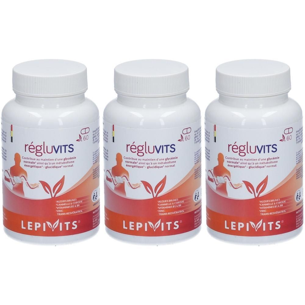Drie witte flessen met het label « RégluVits » en « LepiVits ». Elke fles heeft een witte dop en bevat 60 capsules.
