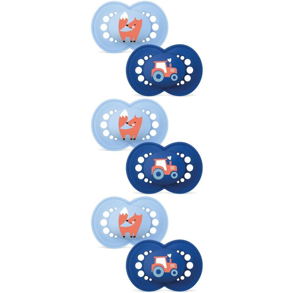 Trois sucettes MAM Original Pure, bleu et écru, 6-16 mois, dans leur emballage. Label klima-neutral.