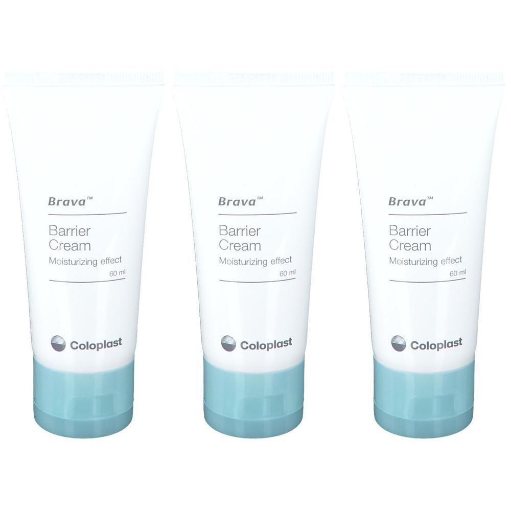 Drie tubes Brava Barrier Cream. Witte tubes met blauwe dop. Opschrift: Brava, Barrier Cream, Moisturizing effect, Coloplast.