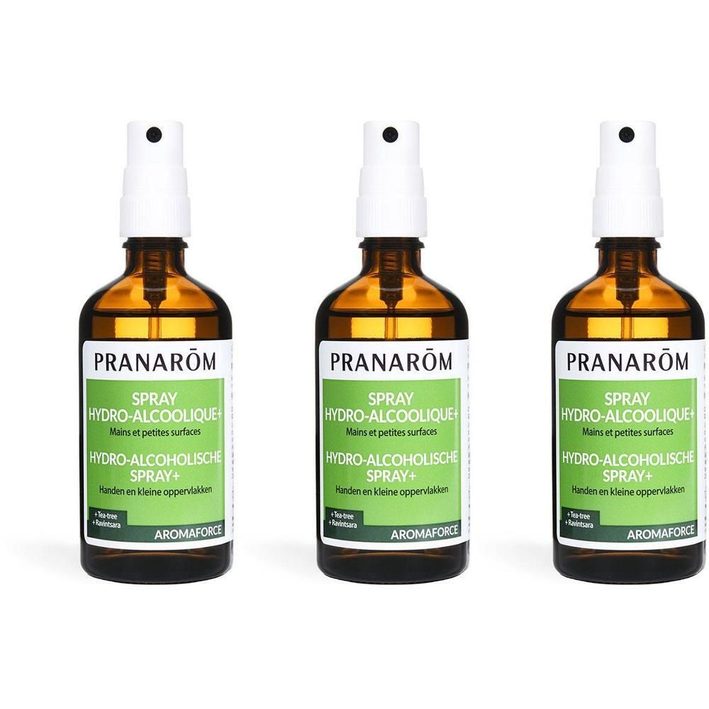Drie sprayflessen met witte sproeikop en bruine glazen fles. Opschrift: PRANAROM, Spray Hydro-Alcoolique, Aromaforce.