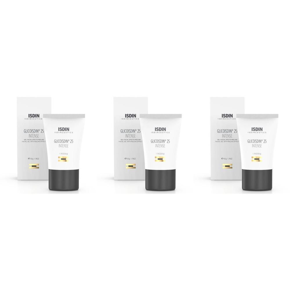 Drie tubes en verpakkingen van ISDIN Glicoisdin 25% Intense. Witte tubes met zwarte bodem, naast witte dozen.