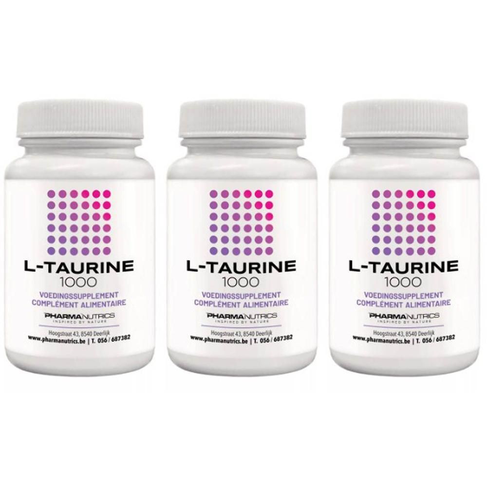 Trois flacons blancs avec étiquettes. Les étiquettes indiquent "L-TAURINE 1000" et "PHARMANUTRICS".