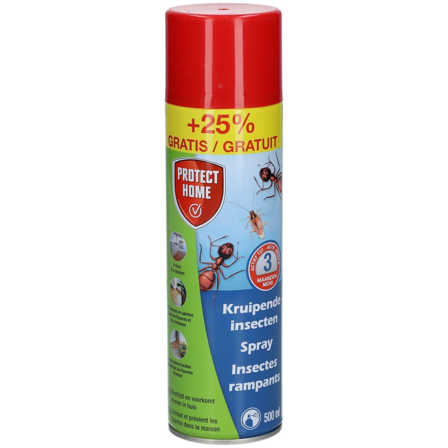 Aérosol rouge et blanc. Inscription: Protect Home, +25% GRATUIT. Illustration d'insectes. Texte: Insectes rampants Spray.