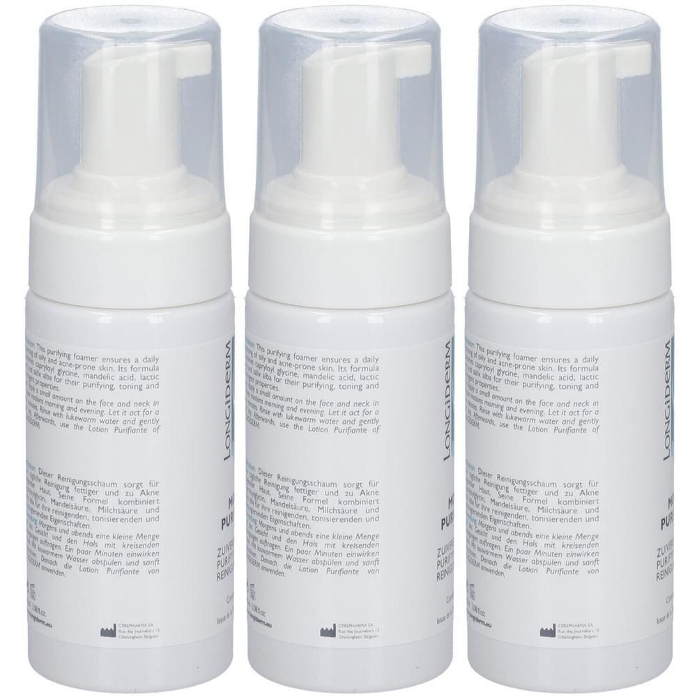 Trois flacons blancs avec pompe et bouchon transparent. Inscription Longiderm. Texte au dos.