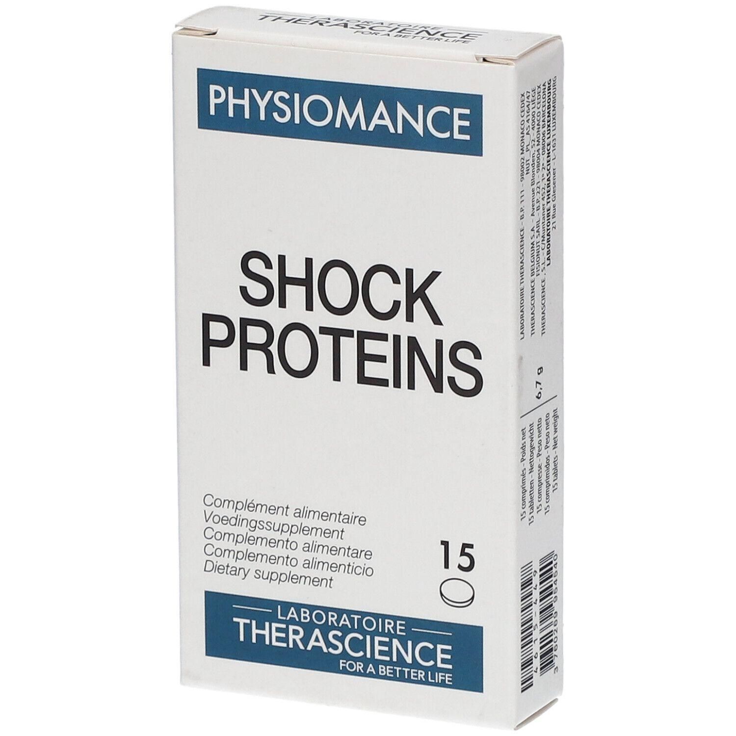 Boîte blanche PHYSIOMANCE SHOCK PROTEINS. Contient 15 comprimés. Laboratoire Therascience.