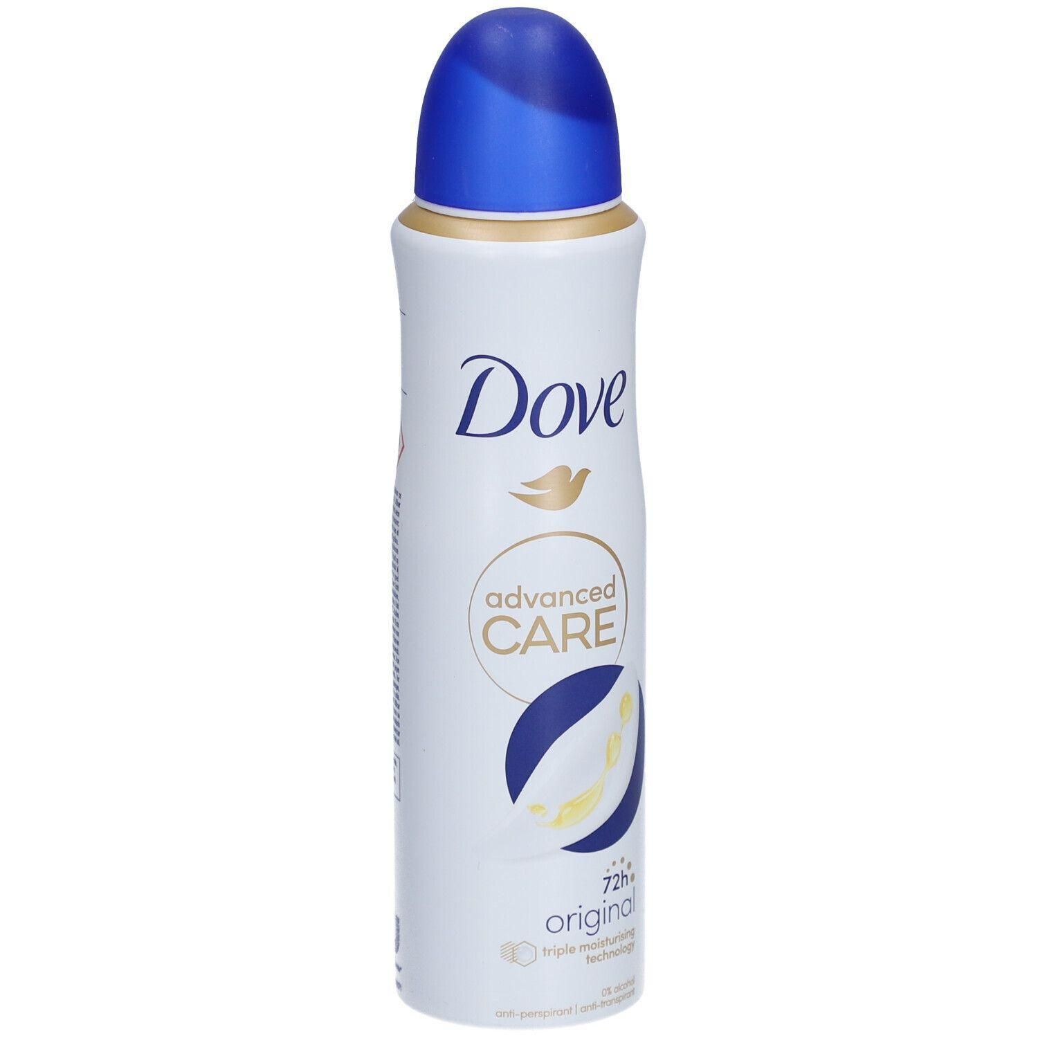 Bombe de déodorant blanche avec bouchon bleu. Inscription Dove, Advanced Care, Original. 72h.