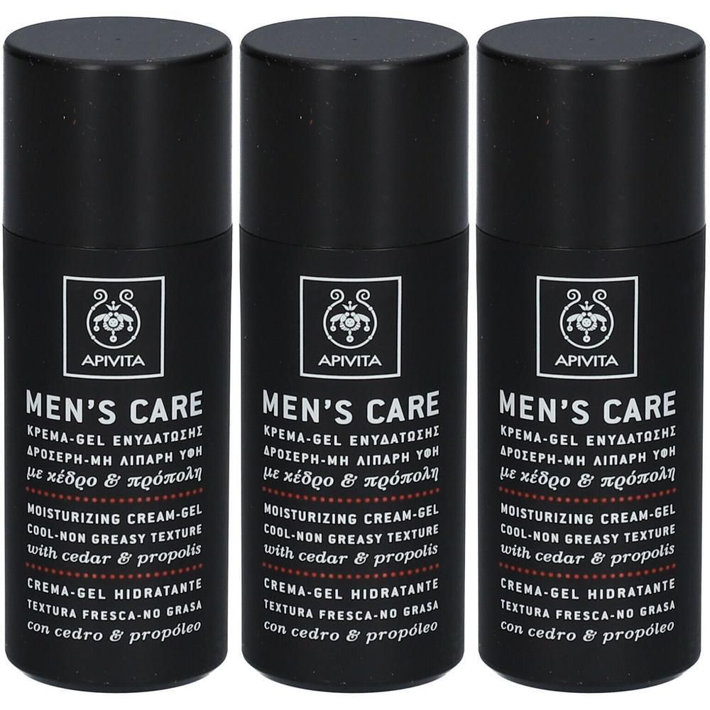 Drie zwarte flacons met zwarte dop. Opschrift: Apivita Men's Care, hydraterende crème-gel, frisse textuur, niet vet.