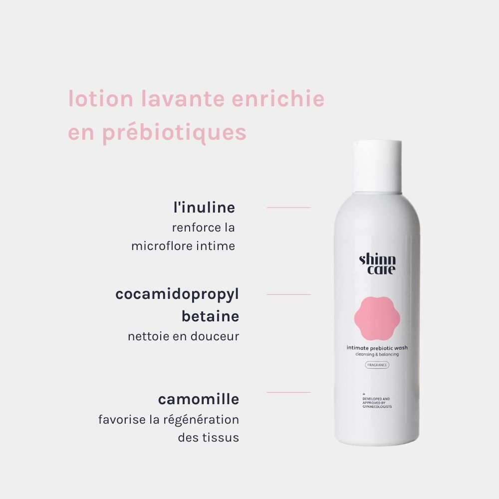 Flacon de Shinncare Lotion lavante prébiotique intime Cleansing & Balancing - Parfumé. Ingrédients : inuline, bétaïne, camomille.
