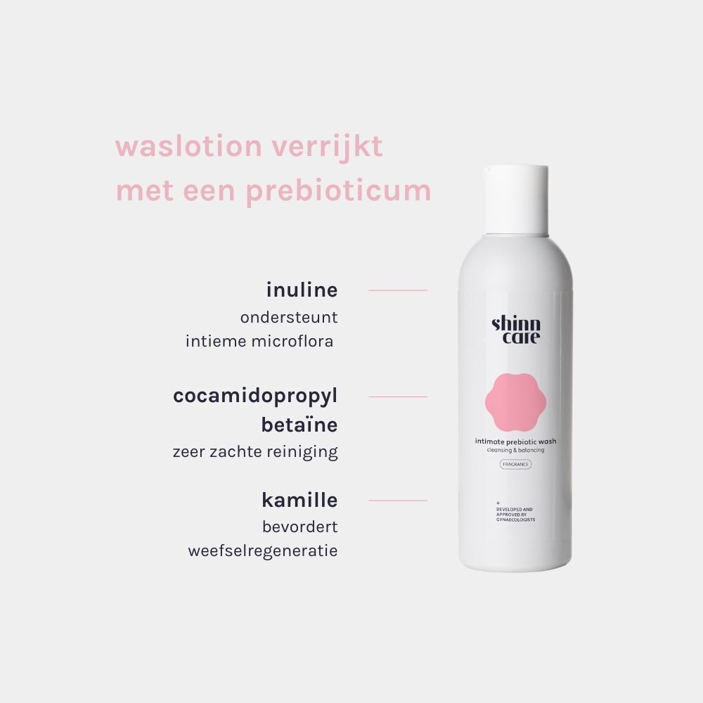 Fles Shinncare Intimate Prebiotic Wash. Ingrediënten: inuline, betaïne, kamille.