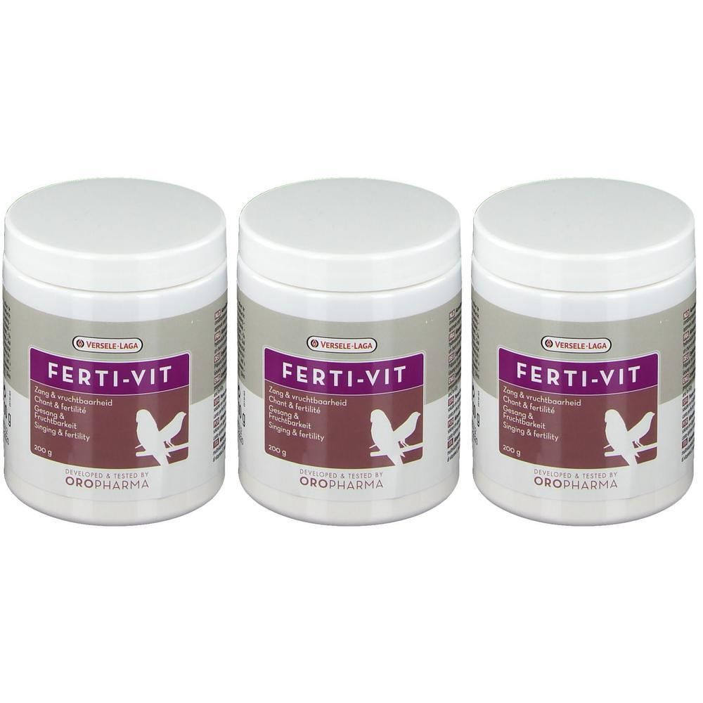 Drie witte potten met deksels. Op elke pot staat « FERTI-VIT » op een paars etiket. Daaronder een vogel-symbool. Merk: OROPHARMA.