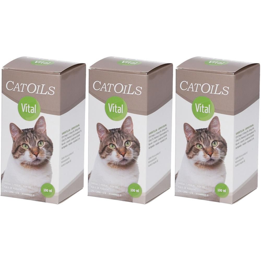 Drie dozen CATOILS Vital Chat Huile. Elke doos toont een kattenkop. Opschrift: CATOILS Vital.