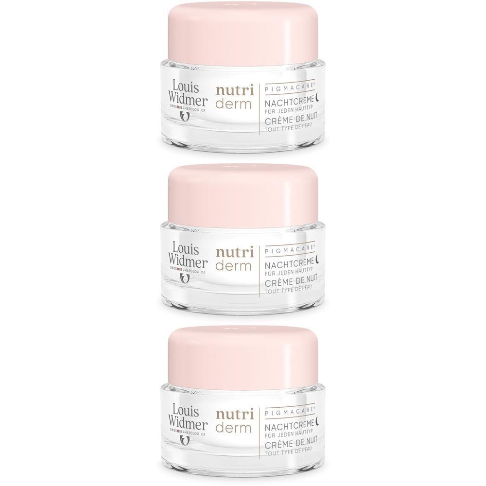 Trois pots de crème de nuit. Récipients en verre avec couvercles roses. Inscription: Louis Widmer, nutriderm, Pigmacare, Crème de Nuit.