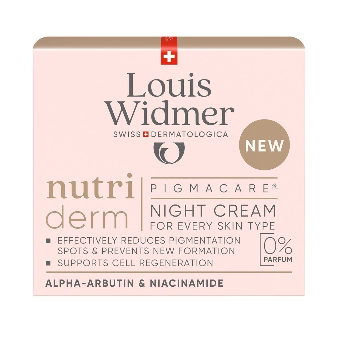 Emballage de la crème de nuit. Boîte carrée, rose. Inscription: Louis Widmer, nutriderm, Pigmacare, Night Cream, 0% Parfum.