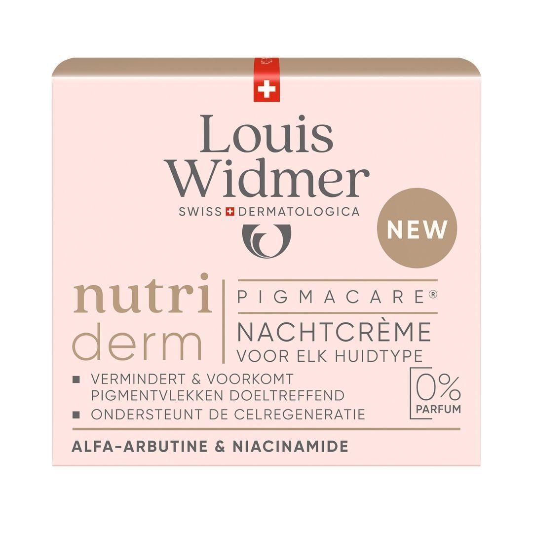 Verpakking van de nachtcrème. Vierkante doos, roze. Opschrift: Louis Widmer, nutriderm, Pigmacare, Nachtcrème, 0% Parfum.