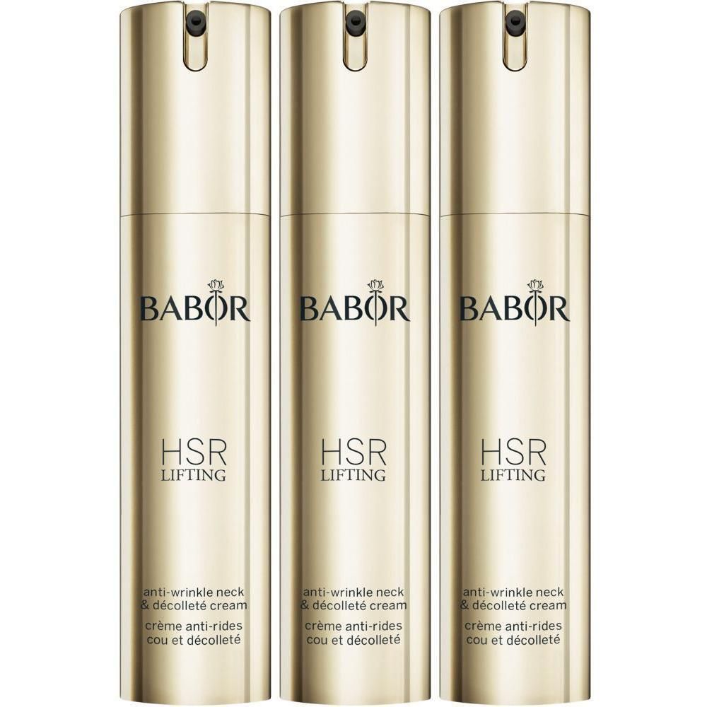 Drie gouden flacons. Op elk staat BABOR, HSR LIFTING en tekst voor hals- en decolletécrème. Zwarte spuitkop.