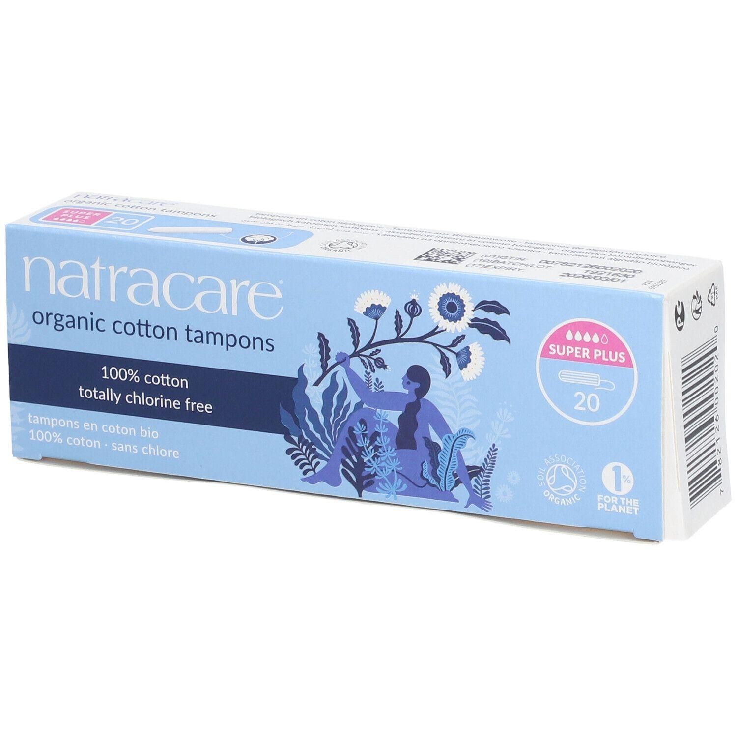 Doosje Natracare tampons. Opschrift: organic cotton tampons, Super Plus, 20 stuks. 100% katoen, chloorvrij.
