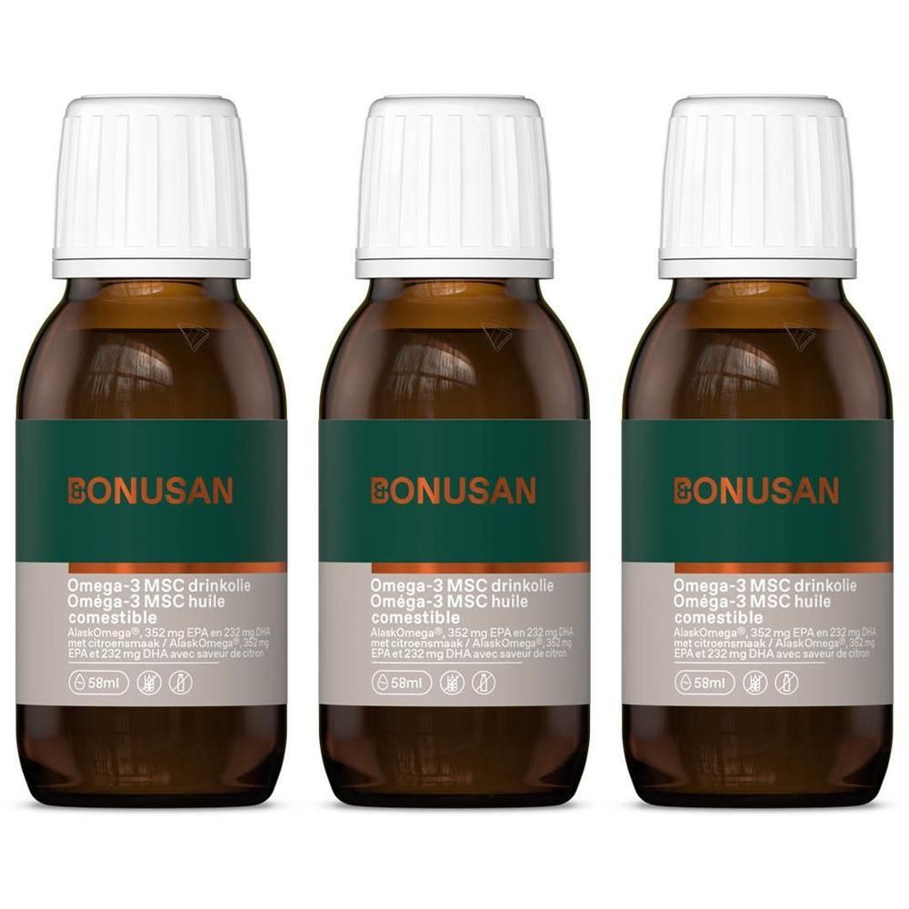 Trois flacons d'huile brune avec bouchons blancs et étiquettes vertes. Inscription : BONUSAN, Oméga-3 MSC huile comestible.
