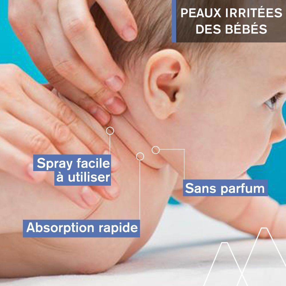Mains de bébé touchant le cou d'un bébé. Texte: Peaux irritées des bébés, Spray facile à utiliser, Absorption rapide, Sans parfum.