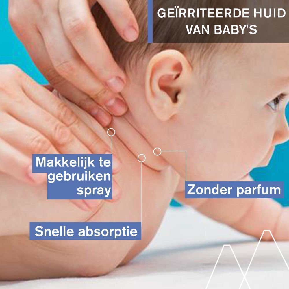 Babyhanden raken de nek van een baby aan. Tekst: Geïrriteerde huid van baby's, Makkelijk te gebruiken spray, Snelle absorptie, Zonder parfum.