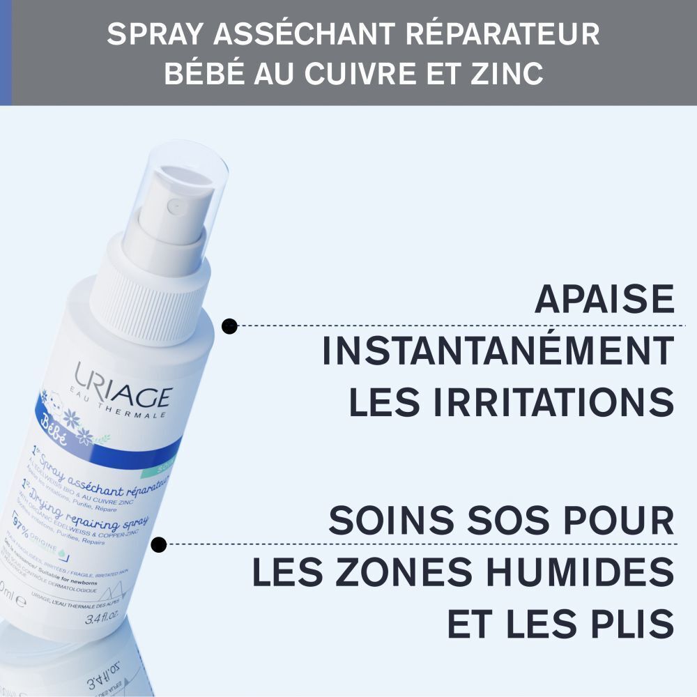 Un spray blanc. Texte: Spray asséchant réparateur Bébé au cuivre et zinc, Apaise instantanément les irritations, Soins SOS pour les zones humides et les plis.