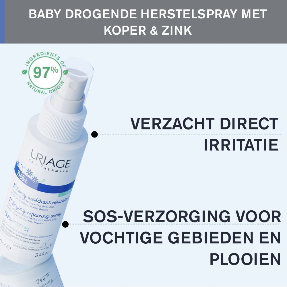 Een witte spray. Tekst: Baby drogende herstelspray met koper & zink, Verzacht direct irritatie, SOS-verzorging voor vochtige gebieden en plooien.