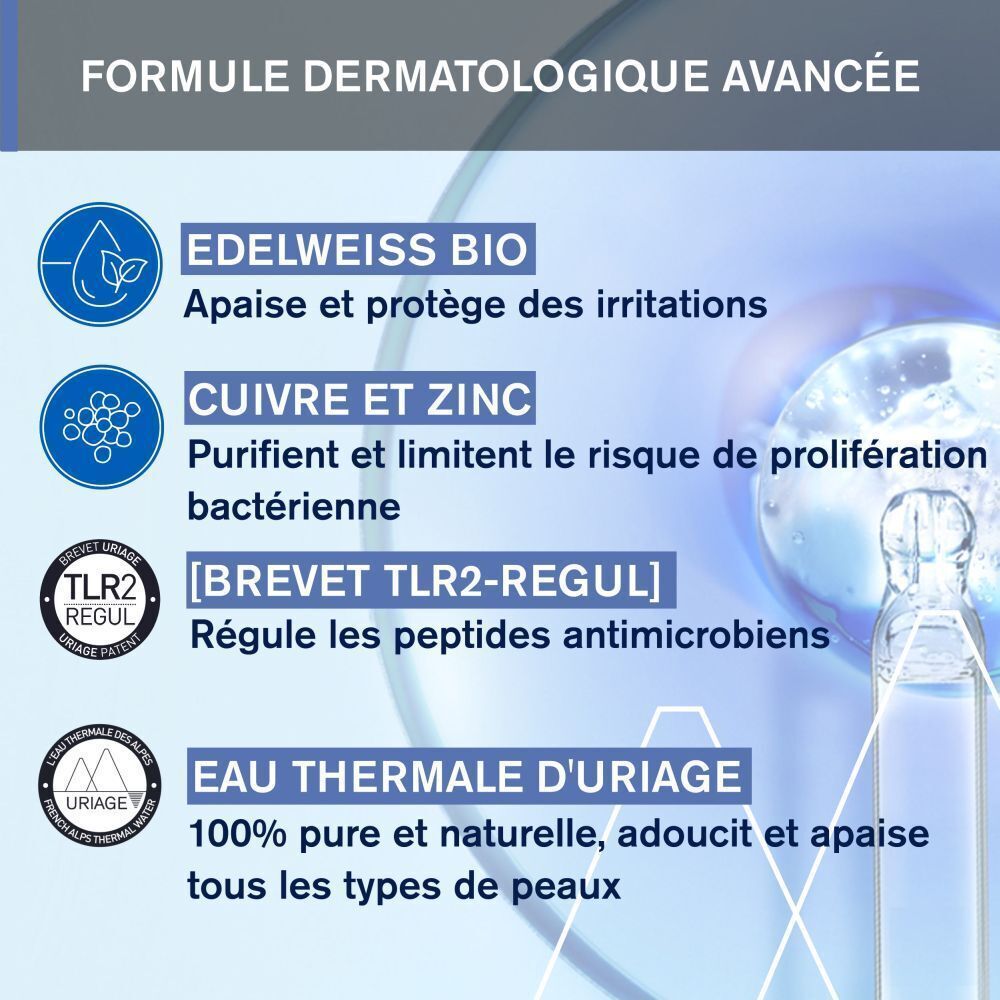 Graphique avec logos et texte. Edelweiss Bio, Cuivre et Zinc, [BREVET TLR2-REGUL], Eau Thermale d'Uriage.