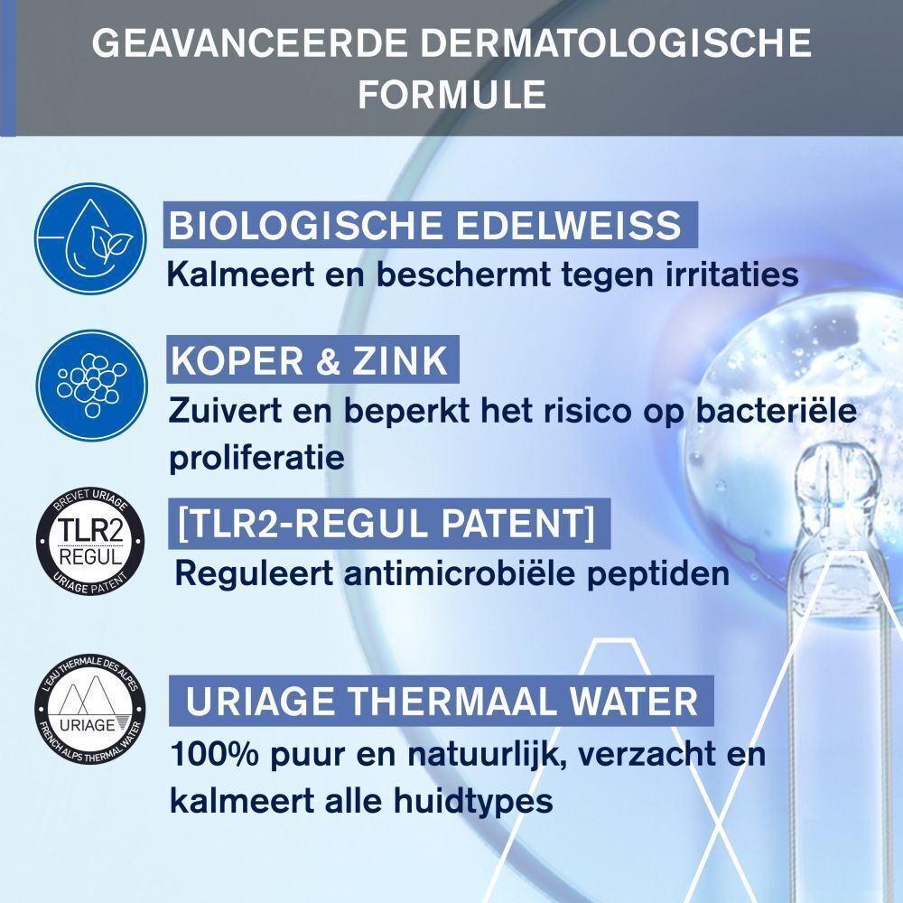 Grafiek met logo's en tekst. Biologische Edelweiss, Koper & Zink, [TLR2-REGUL PATENT], Uriage Thermaal Water.